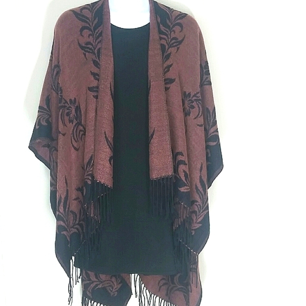 Ruana Shawl Wrap Red Black Fringe Floral Boho Blanket Scarf Kimono Style